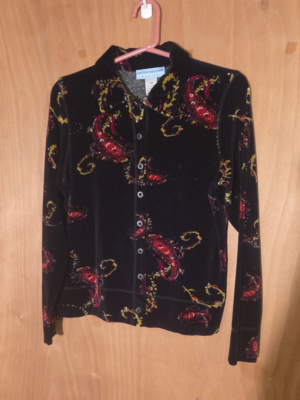 Y2k Cotton Couture Black Velvet Button-Front Cardigan with Red Paisley